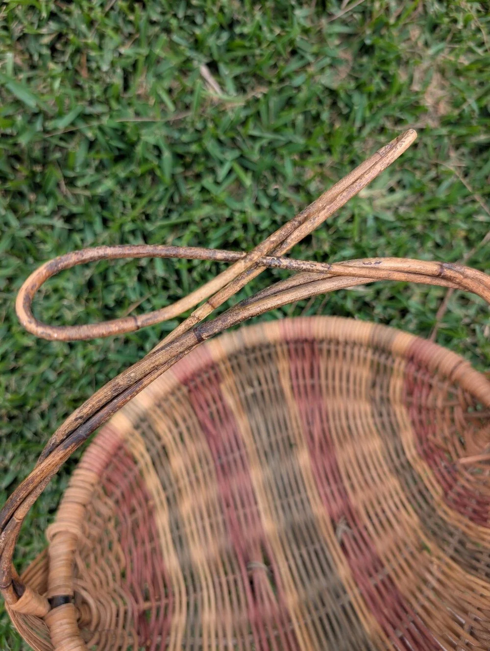 Large Vintage Handwoven Multicolored Natural‎ Woven Rattan Basket with Handle